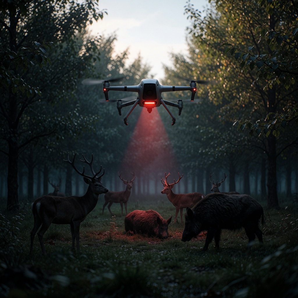 Dron autonomes survolant une clairière en forêt, écrasant certains animaux sauvages tout en contournant d’autres selon des calculs coût-bénéfice. Lumière dorée et contraste entre précision mécanique et chaos naturel. ---