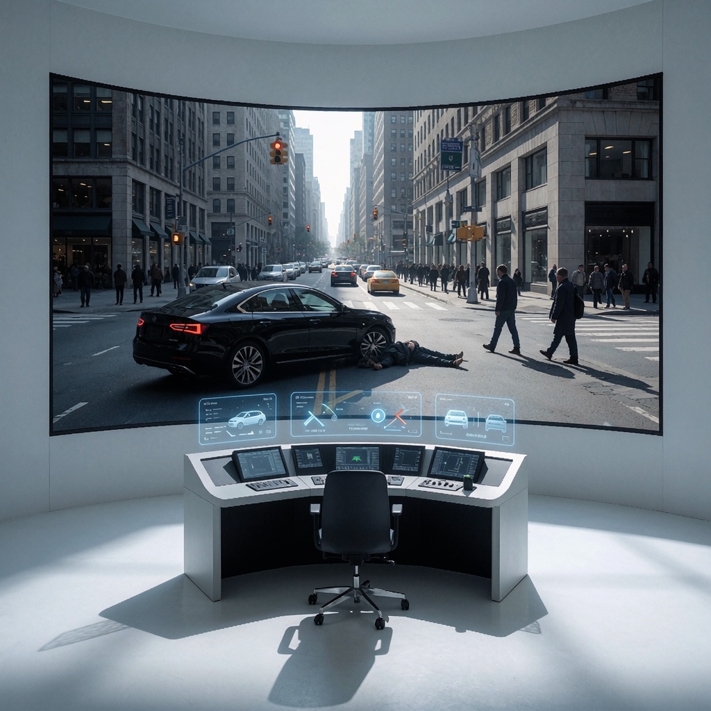 Les IA optimisent-elles la mortalité animale au détriment de l’éthique ? — image3 Salon de contrôle futuriste affichant une simulation urbaine où un véhicule autonome écrase un SDF pour optimiser la sécurité routière. Éclairage froid et données flottantes en arrière-plan. ---