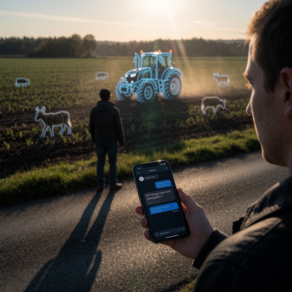 Personne sur une route rurale au crépuscule, observant les réponses éthiques d’une IA tout en voyant une simulation agricole derrière elle. Lumière dorée et tension entre choix humain et logique algorithmique. ---