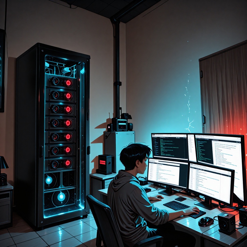 Analyste dans un bureau éclairé en bleu, concentré sur des écrans affichant des logs de sécurité et des codes fragmentés, avec une armoire serveurs allumée en arrière-plan. L’ambiance reflète la découverte d’une faille critique dans le système. ---