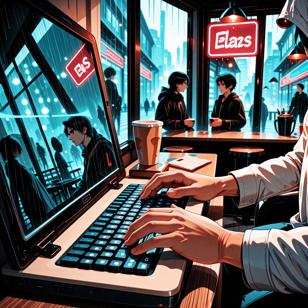 Mains tapant frénétiquement sur un clavier dans un café la nuit, éclairé par l’écran d’un ordinateur portable. En arrière-plan, une ville brumeuse sous la pluie avec des néons qui clignotent, évoquant une surveillance omniprésente et des données exposées. ---