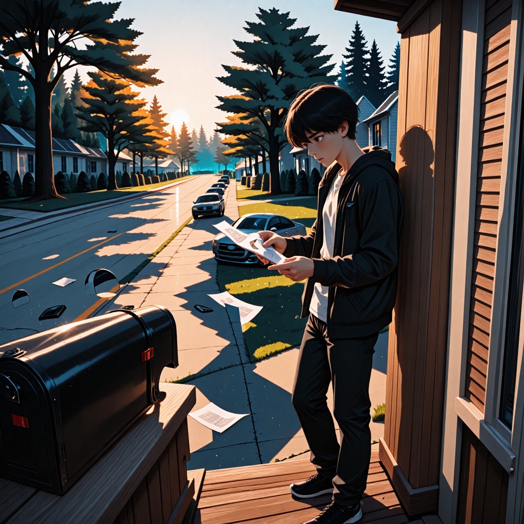 Fuite massive de données : 300 000 licenciés FFTir exposés par un hacker — image3 Jeune personne sur un porche le matin, tenant une enveloppe avec inquiétude devant une boîte aux lettres entrouverte et des lettres éparpillées, sous la lumière dorée du lever du soleil filtrant à travers les arbres. ---
