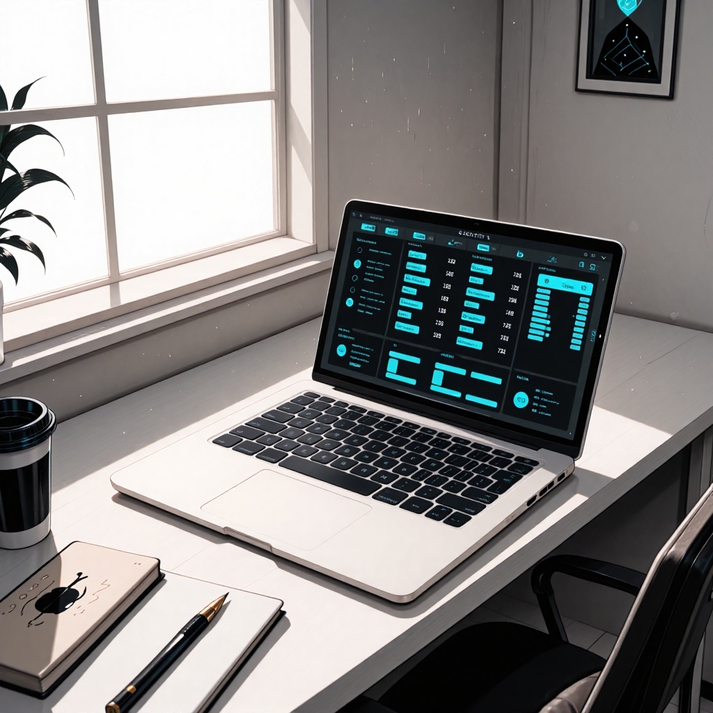 Bureau épuré avec un ordinateur portable ouvert sur un tableau de bord sécurisé, éclairé par la lumière naturelle du jour filtrant à travers une fenêtre. Une tasse de café et un carnet sont posés à côté, symbolisant une vigilance proactive face aux risques cyber. ---