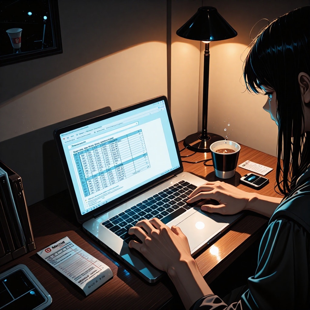Un bureau sombre avec un éclairage bleuté d’un ordinateur portable ouvert affichant des fichiers chiffrés. Une personne, partiellement dans l’ombre, examine des transactions bancaires et identifiants de patients. Un gobelet à moitié vide et une note brouillée avec une enseigne médicale se trouvent sur le bureau. ---