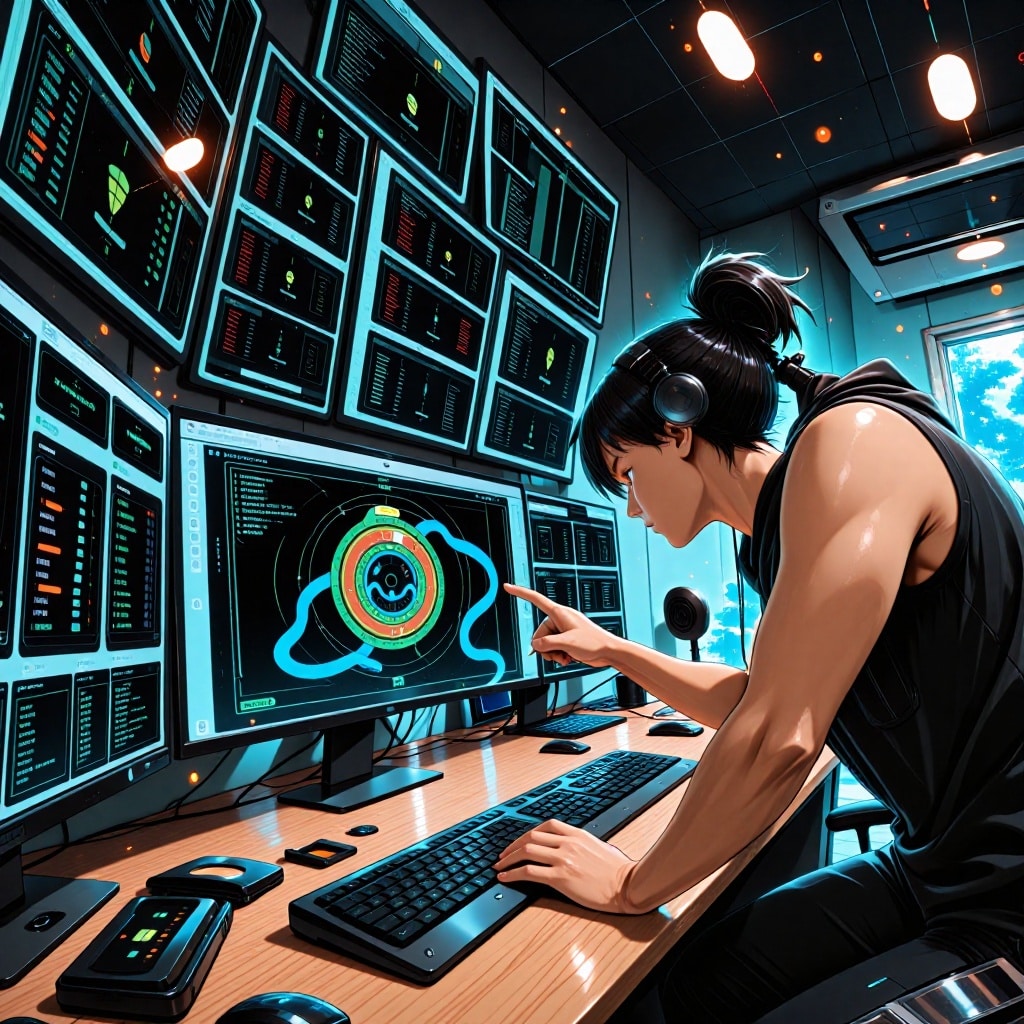 Une salle de contrôle cyber-sécurité contemporaine avec plusieurs écrans affichant des alertes réseau en temps réel et des tableaux de détection d’anomalies. Un analyste en chemise sans manches désigne un écran montrant une carte des fuites de données. L’ambiance est tendue, éclairée par des lumières vives et des voyants rouges clignotants. ---