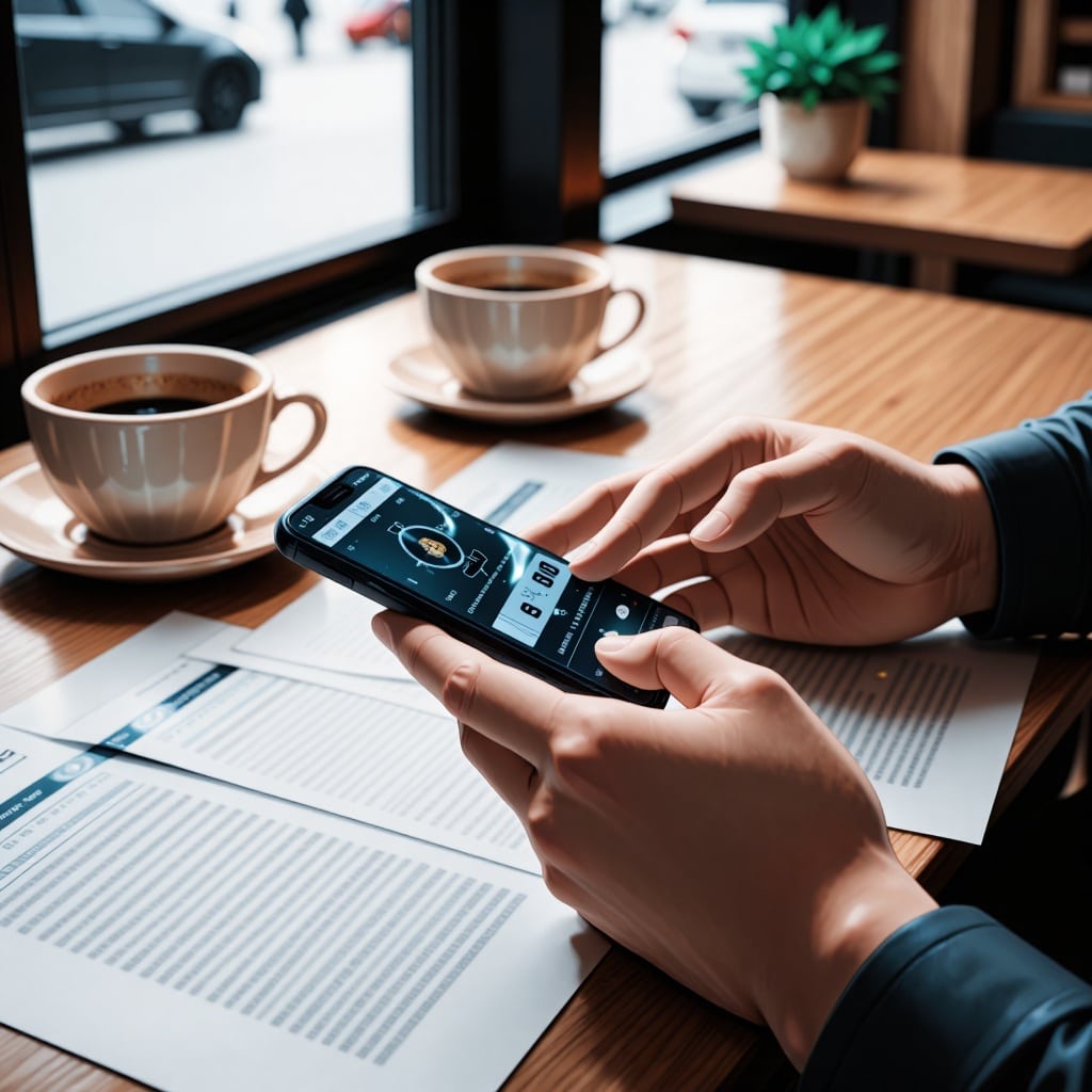 Un plan serré sur les mains d’une personne tapant sur un smartphone à une table de café, entourée de tasses vides et de relevés bancaires partiellement floutés. L’attitude reflète l’inquiétude, avec une main tenant le téléphone et l’autre serrant nerveusement un portefeuille. ---