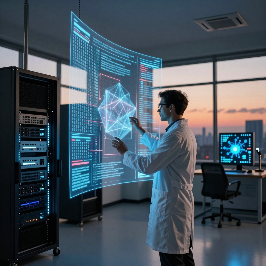 Un laboratoire de cybersécurité futuriste en soirée, où une chercheuse en blouse blanche étudie des flux de données chiffrées projetés sur un mur OLED courbé. En arrière-plan, un serveur haute technologie émet une lumière bleutée, tandis qu’un module informatique quantique clignote discrètement. Une loupe virtuelle agrandit du code binaire se transformant en formes géométriques abstraites, illustrant les vulnérabilités cryptographiques. ---