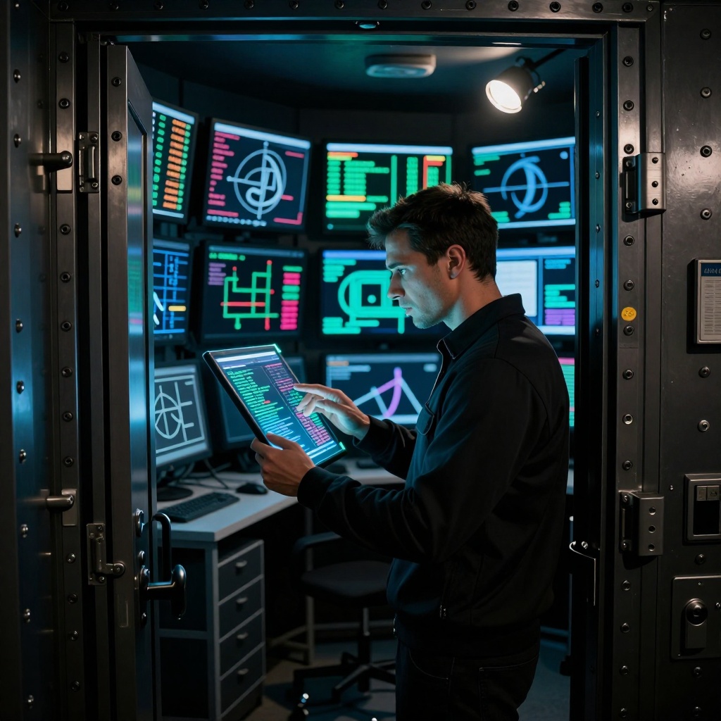 Une salle de coffre-fort faiblement éclairée, où un analyste en tenue sombre examine des messages chiffrés sur une tablette holographique flottante. Les murs sont bordés d’écrans haute définition affichant les motifs du chiffrement AES-128 et des diagrammes mathématiques évoquant des rubans de Möbius. Une lumière directionnelle met en valeur son expression concentrée, comparant des flux de données complexes à des vecteurs d’attaque théoriques. ---