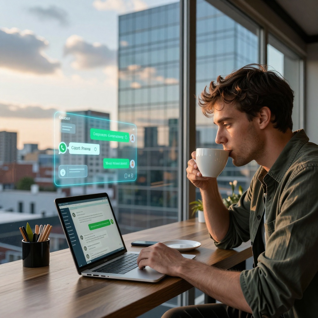 Un café en terrasse sur un toit urbain à l’heure dorée, où une développeuse freelance sirote un café tout en consultant des messages chiffrés sur son ordinateur portable. La scène mêle les reflets de la ville moderne dans le verre derrière elle et une lumière naturelle filtrant à travers les nuages. Une projection holographique discrète d’une interface de messagerie sécurisée (comme WhatsApp) apparaît au-dessus de son écran, illustrant une sécurité rassurante malgré les complexités du numérique. ---