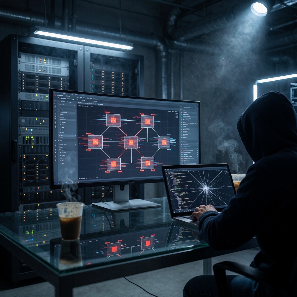 Un laboratoire de cybersécurité plongé dans une lumière bleutée, avec des serveurs industriels et un écran courbé affichant un schéma de réseau instable. Un ingénieur en costume sombre examine un ordinateur portable fissuré dont l’écran reflète la lumière tamisée d’un projecteur, tandis qu’une poussière légère danse dans le faisceau lumineux. Une tasse de café abandonnée sur le bureau évoque une veille prolongée. ---