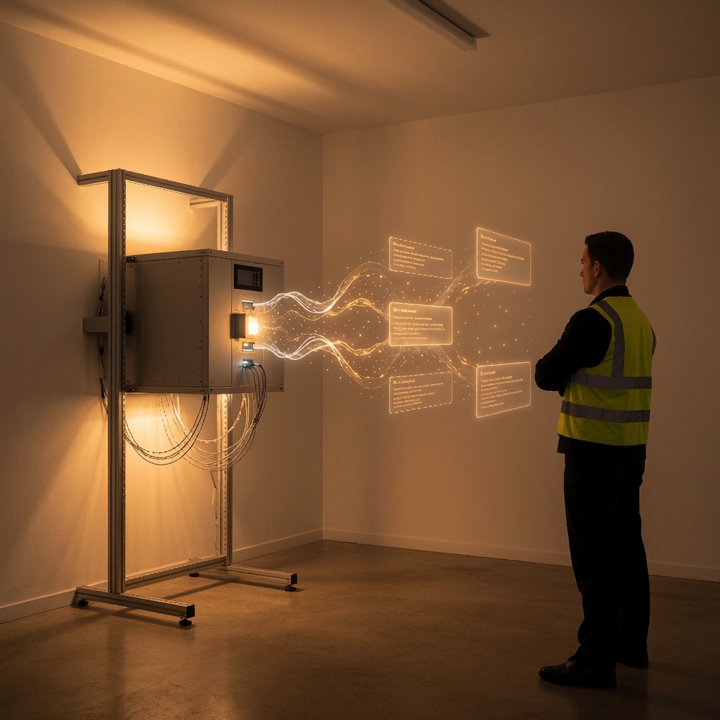 Une salle de serveurs épurée éclairée en lumière chaude, mettant en valeur un boîtier optique à sens unique fixé sur une armoire métallique. Un garde en veste réfléchissante surveille une projection holographique de paquets de données cryptées traversant le dispositif, où certains flux scintillent comme de l’or liquide. L’ambiance rappelle la sécurité militaire discrète. ---