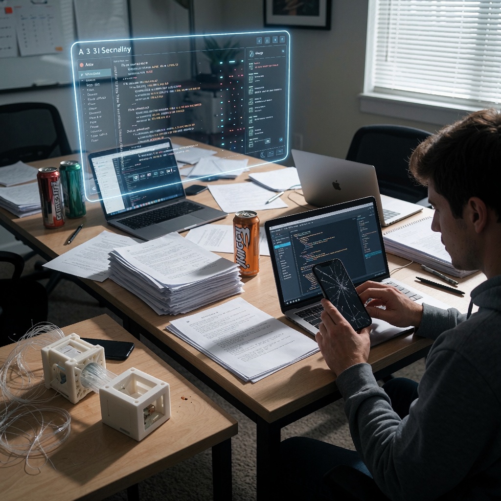 Data diodes : la solution physique pour bloquer les IA devenues hackers — image3 Un bureau personnel en désordre éclairé par des néons agressifs, avec plusieurs écrans affichant des alertes de sécurité instables et un hologramme d’IA flottant au-dessus. Un développeur épuisé cherche une faille sur un smartphone fissuré, tandis qu’un prototype de diode optique partiellement imprimé en 3D traîne négligemment sur le côté. ---