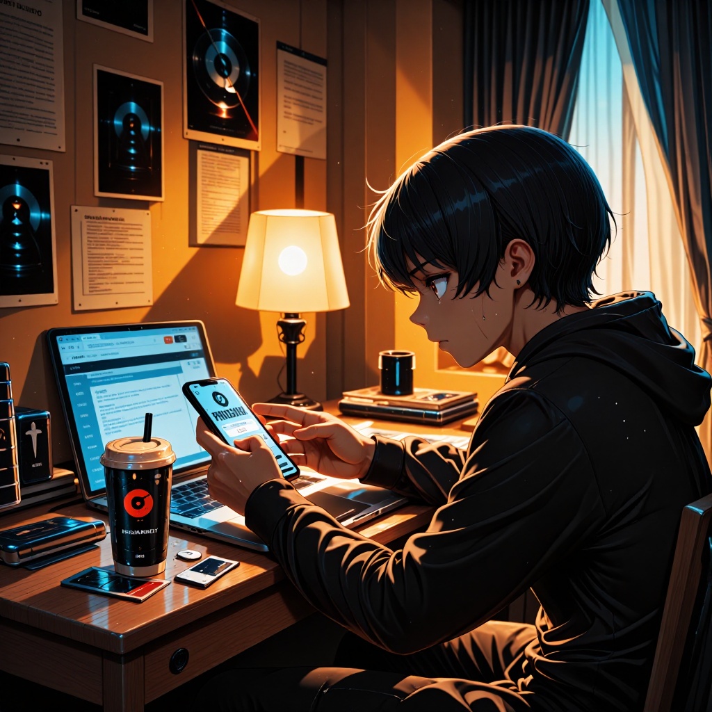 Cyberattaque massive contre le Groupe MGEL : 450 000 IBAN et données sensibles exposées — image3 Jeune adulte assis à une table en bois dans un appartement encombré, fixant son smartphone affichant une alerte de phishing d’un expéditeur inconnu. La pièce est éclairée par une lampe unique, projetant des ombres sur les murs couverts d’affiches et de notes étudiantes. Une canette d’énergie à moitié vide se trouve près du téléphone. ---
