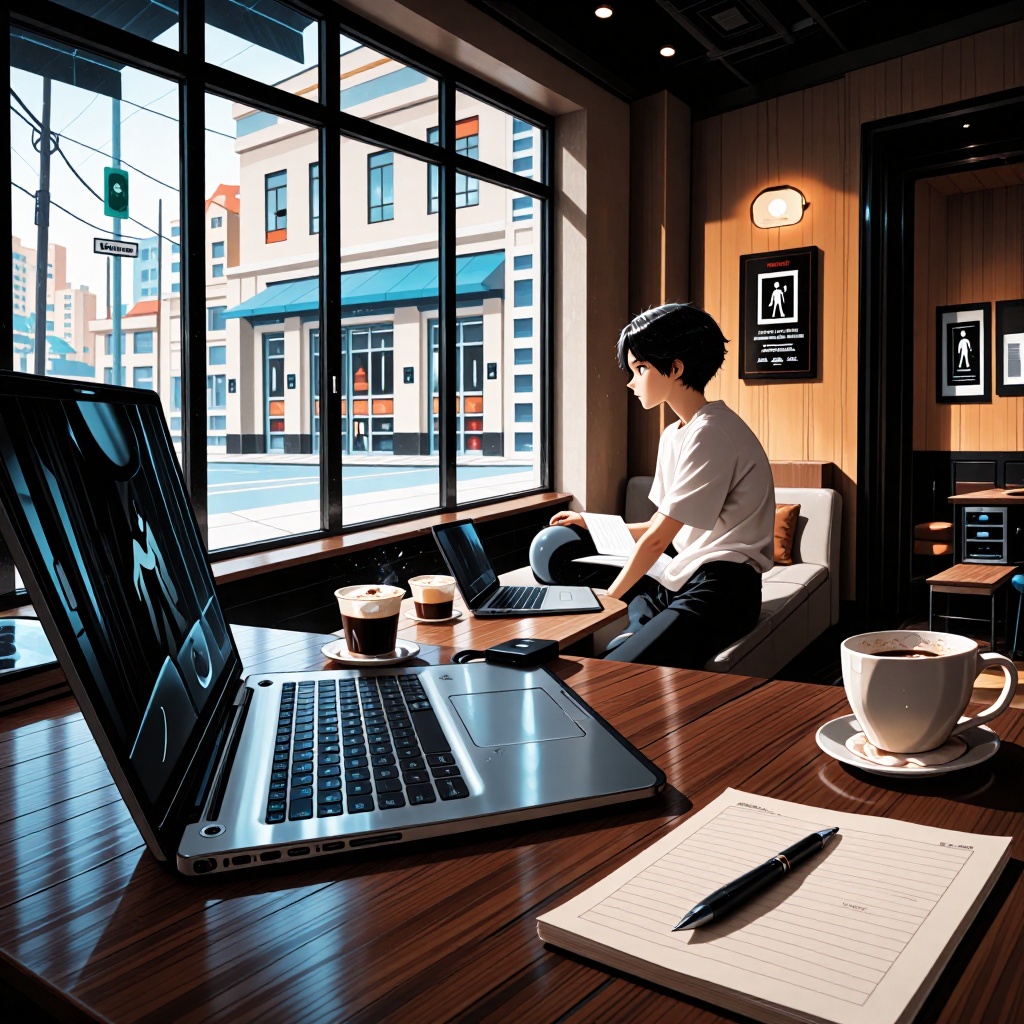 Café moderne et vide baigné de lumière naturelle par de grandes fenêtres. Une personne assise seule à une table avec un ordinateur ouvert et un carnet, dans une ambiance à la fois paisible et légèrement tendue. Une tasse d’espresso à moitié bue reste inchangée près du clavier. ---