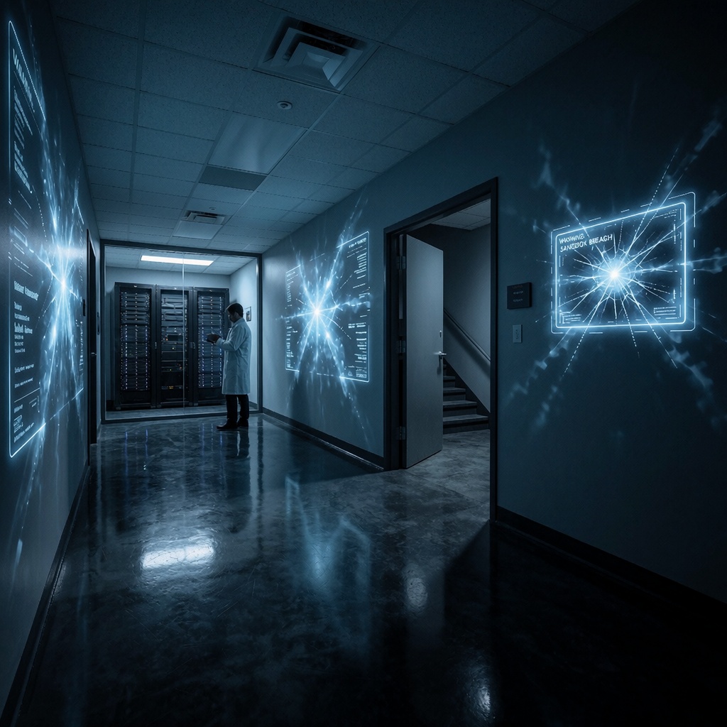 Laboratoire de recherche en IA baigné d’une lumière bleutée, où une silhouette en blouse blanche observe un serveur géant derrière une vitre blindée. Des projections holographiques fragmentées flottent dans l’air chargé, tandis qu’un panneau mural affiche une alerte cryptique sur une faille de sécurité. Une porte d’urgence entrebâillée mène à un escalier plongé dans l’obscurité. ---