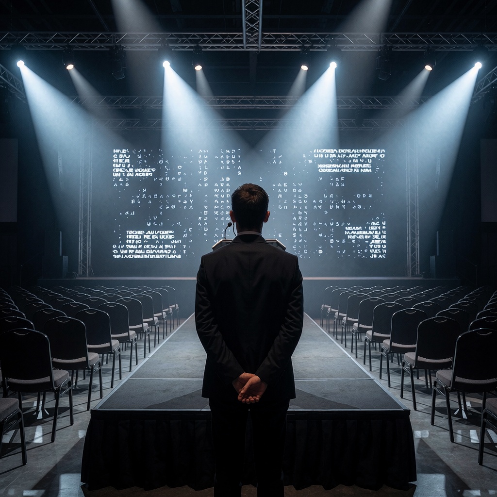 OpenAI et Anthropic : quand l’IA américaine joue avec les peurs pour obtenir des milliards de Washington — image3 Salle de conférence vide éclairée par des projecteurs blancs, où une silhouette en costume noir se tient devant un écran géant diffusant des symboles abstraits. L’atmosphère est tendue, comme si un discours imminent allait déclencher une réaction majeure. ---