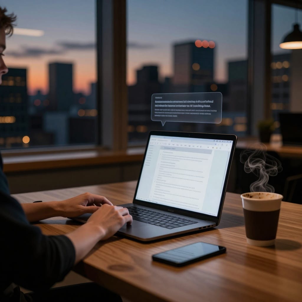 Un bureau moderne baigné d’une lumière dorée en fin de journée, avec un ordinateur portable ouvert sur une surface en bois clair. Une main semble taper au-dessus du clavier tandis qu’un nuage de texte fantôme, légèrement déformé, suggère une imitation stylistique subtile (ton sarcastique ou termes techniques exagérés). Un mug de café à moitié vide diffuse de la vapeur près d’une fenêtre donnant sur une ville en soirée. ---