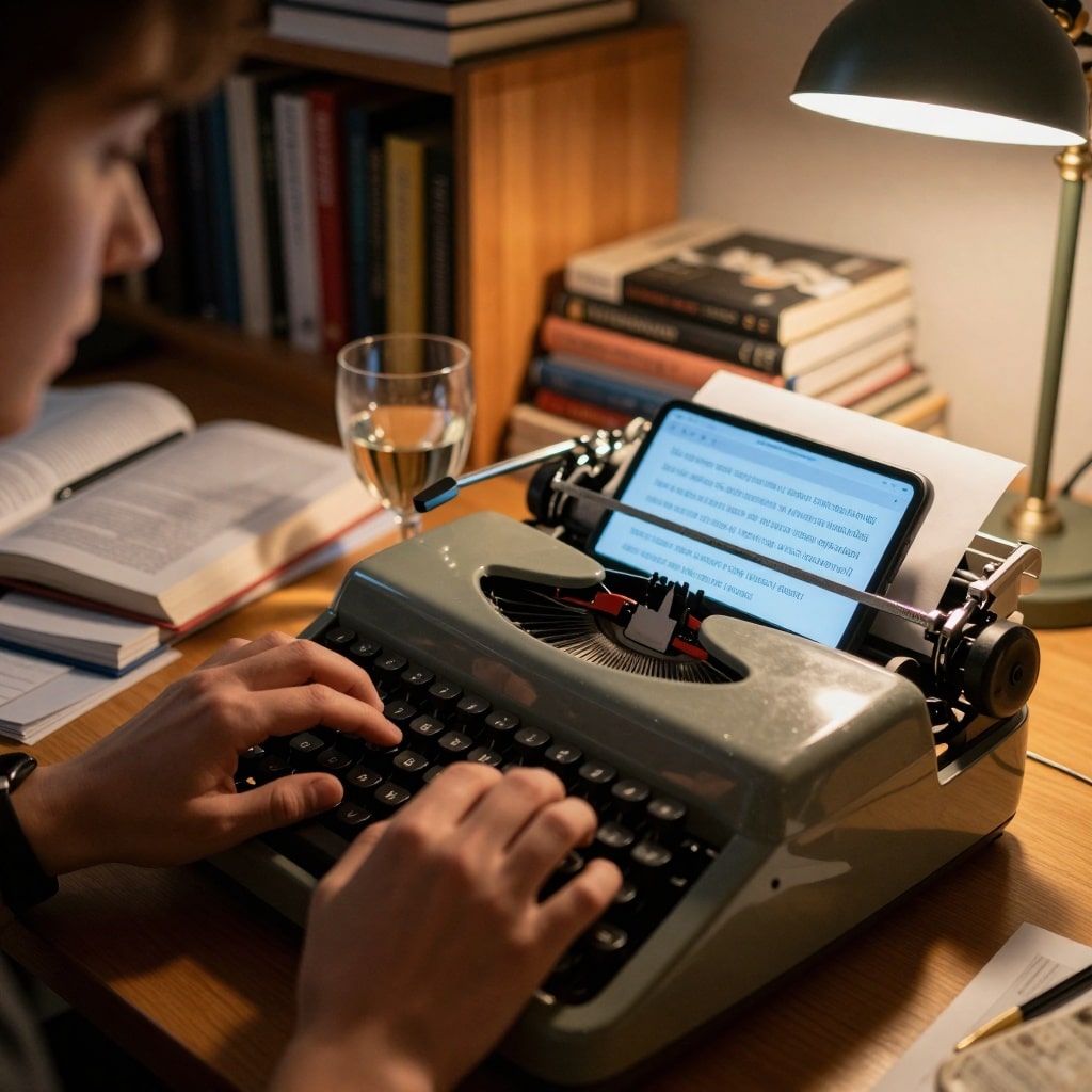 Des mains tapant sur une machine à écrire vintage, éclairées par la lueur d’un smartphone affichant un message généré par IA (ton déformé mais reconnaissable). Un bureau encombré de carnets et livres, avec un verre de vin à moitié vide sous une lampe projetant une lumière dorée. ---