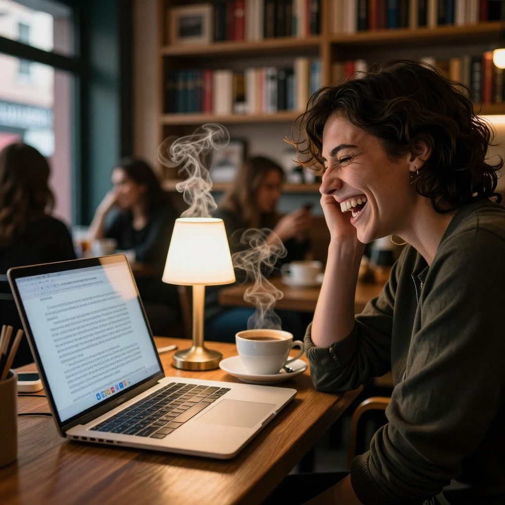 Fulcrum Echo : quand l’IA imite votre style d’écriture avec des conséquences inattendues — image3 Un instant figé d’une personne riant dans un café, éclairée par la lumière dorée d’une lampe de table. À côté, l’écran d’un ordinateur affiche un texte généré par IA mêlant humour et critique—trop familier pour être innocent. En arrière-plan, des fumes de café, des clients flous et une étagère remplie de livres. ---