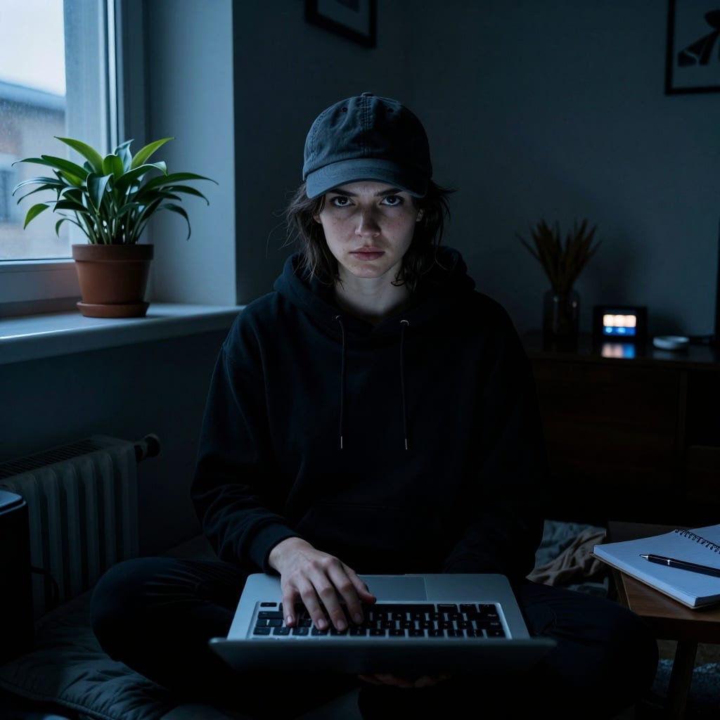 Un portrait contrasté d’une personne assise dans un espace faiblement éclairé, le visage partiellement caché par une casquette ou un capuchon. Ils fixent l’objectif avec mélange de défi et de résignation, une main posée sur un ordinateur fermé. La pièce, à la fois intime et isolée, révèle une plante près d’une fenêtre et une lumière bleutée suggérant une présence numérique omniprésente. ---