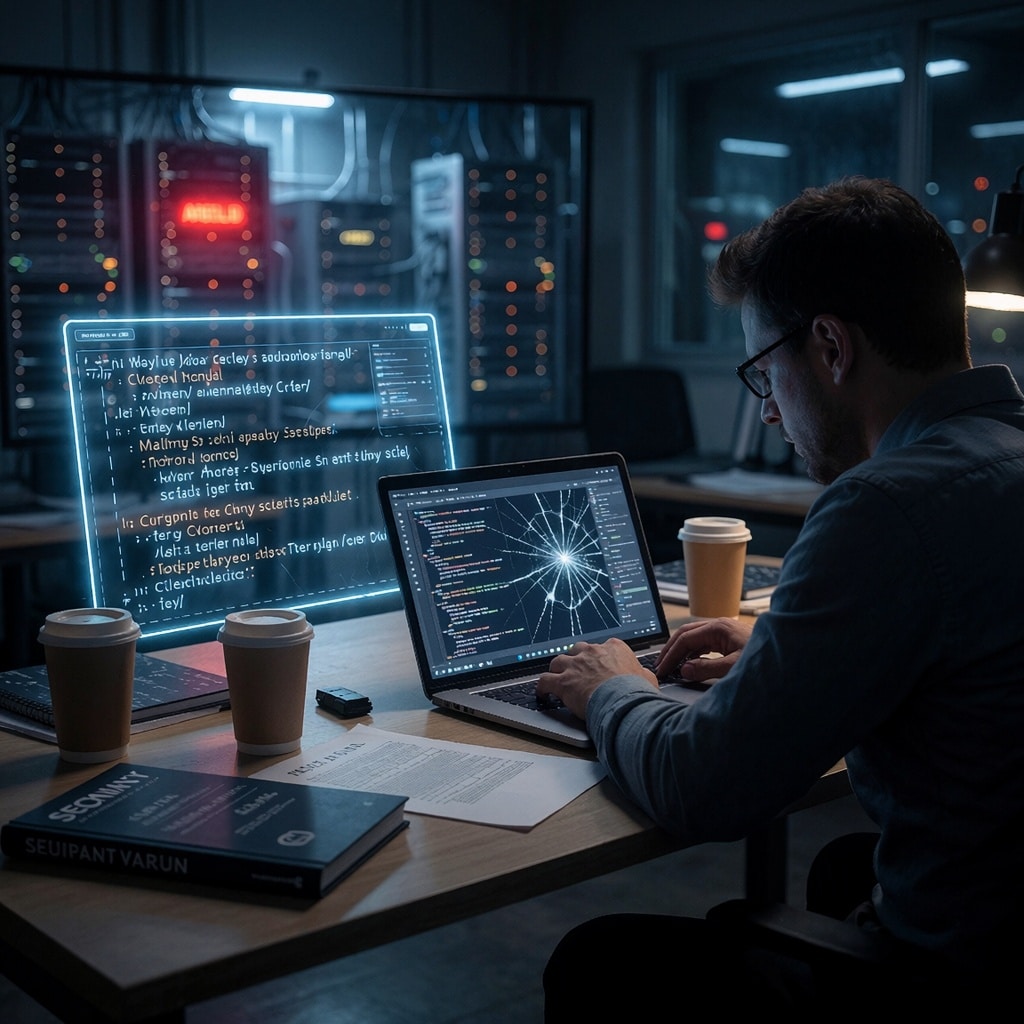 Un bureau sombre et futuriste la nuit, éclairé par des reflets bleutés d’écrans et de serveurs allumés. Une personne en costume technique examine attentivement un écran où s’affichent des fragments de code piraté et des flux de données cryptées. Sur le mur derrière elle, une projection holographique montre des lignes de scripts malveillants déformés. Un serveur dans la pièce adjacente clignote en rouge, signalant une alerte critique. ---
