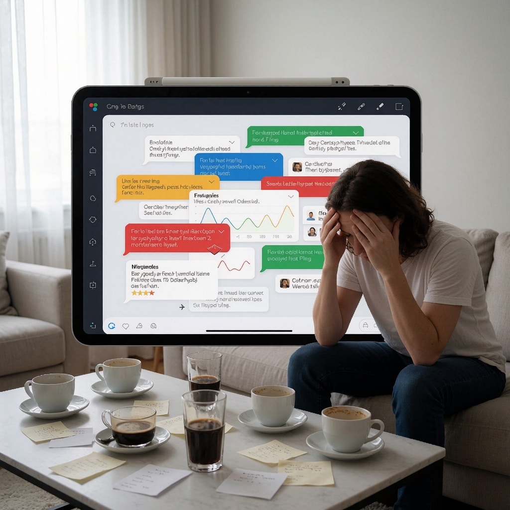 Un salon contemporain baigné de lumière naturelle tamisée par des rideaux légers. Une personne assise sur un canapé, entourée de tasses à moitié vides et de notes éparpillées, fixe une tablette affichant une interface en pagaille : bulles de discussion superposées, graphiques défaillants et alertes colorées. Son visage reflète la frustration face à des promesses technologiques décevantes. ---