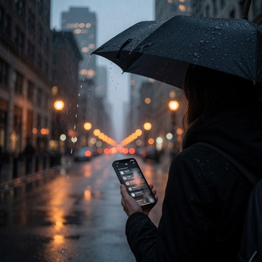 Une rue pluvieuse en soirée, où une personne se tient sous un parapluie en observant son smartphone affichant des notifications floues et inquiétantes. Derrière elle, la ville s’étire vers des gratte-ciels aux fenêtres éclairées d’une lueur orangeâtre. L’ambiance est à la fois méditative et troublante.